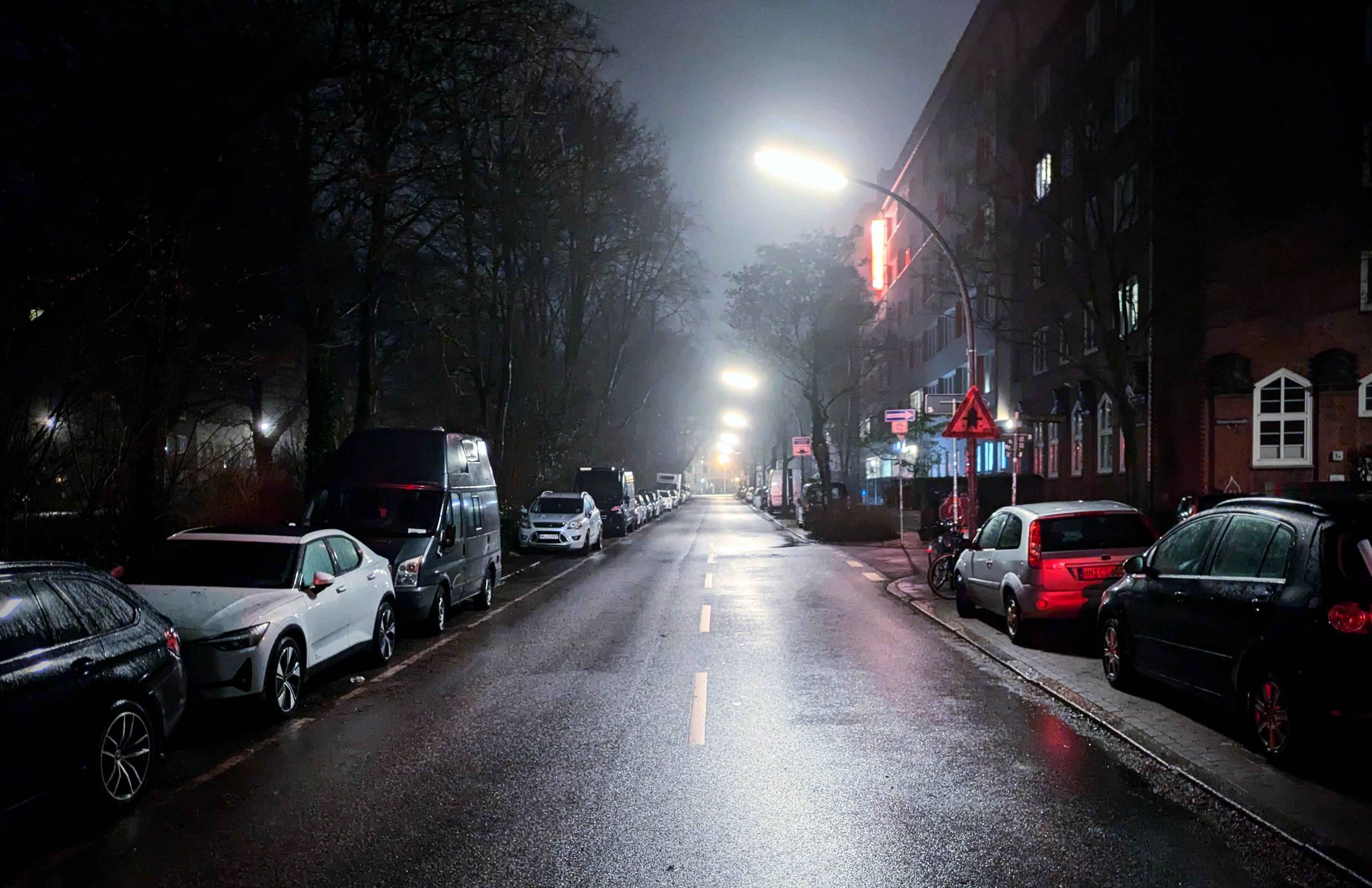 A street late at night in Sankt Pauli, Hamburg. The cold colours created by the fog, the gentle rain and the bright white overhead street lights reflect off the road surface and parked vehicles. There are tall green trees on the left side, and old brick buildings on the right. The two sides are separated by a bright greyish blue night sky.