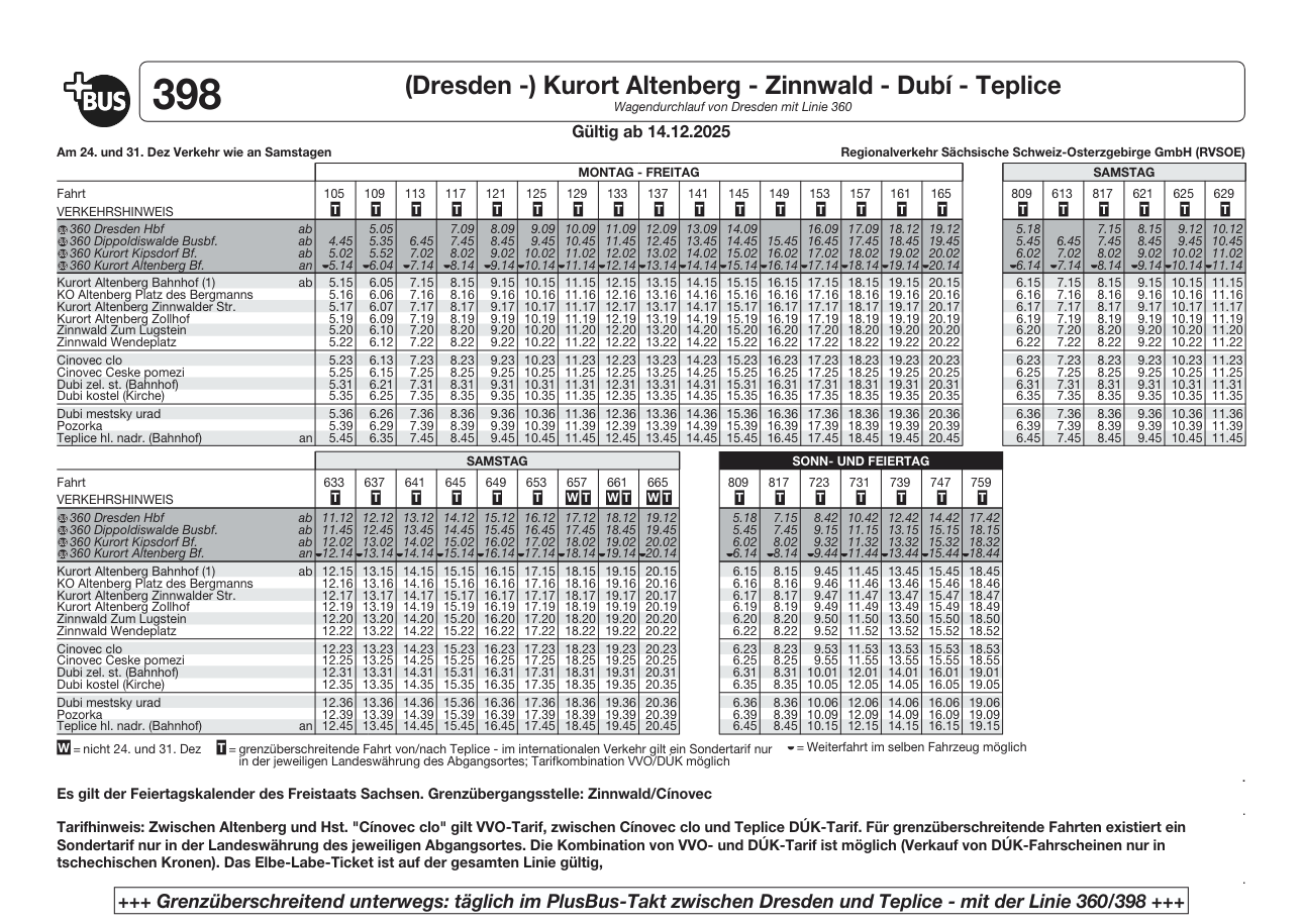 Neuer Fahrplan (Dresden -) Altenberg - Teplice ab 14.12.25: Die Busse fahren Mo-Sa von 5 Uhr bis 20 Uhr stündlich, am Sonntag zweistündlich