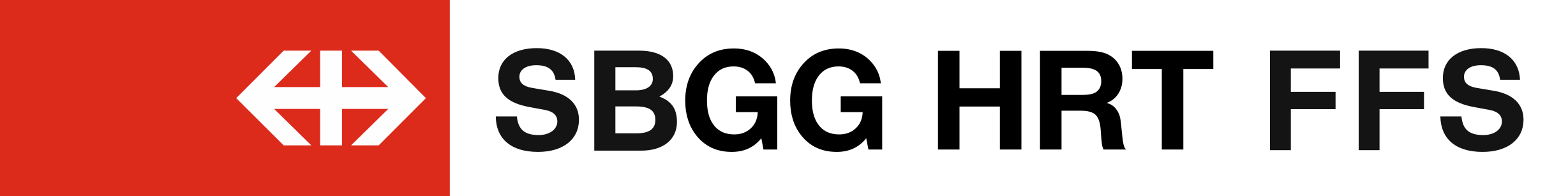 Logo der Schweizerischen Bundesbahnen, aber statt dem normalen Schriftzug steht neben dem weißen Doppelpfeil auf rotem Grund der Text "SBGG HRT FFS" schwarz auf weiß.