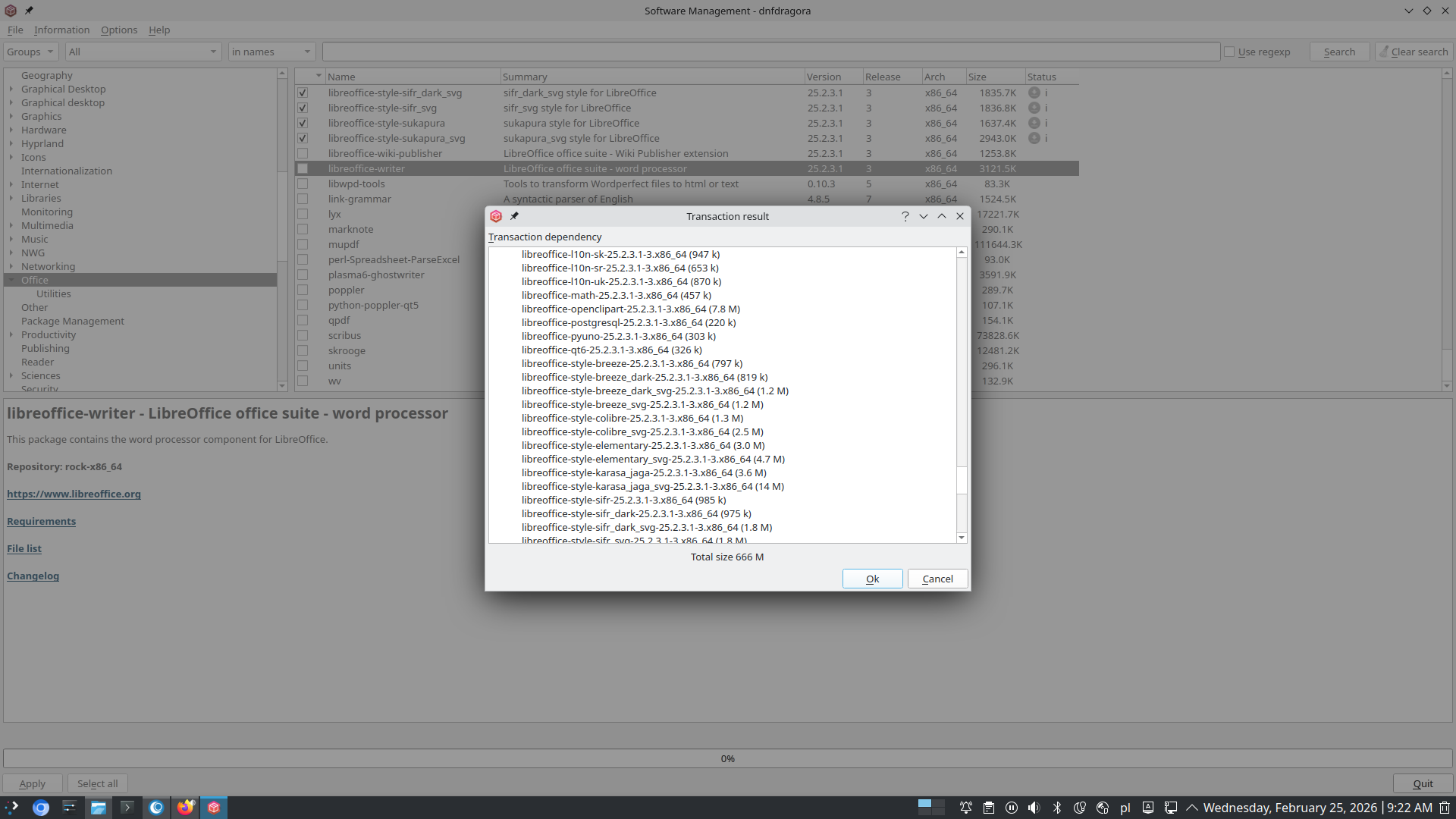 Dystrybucja Linuxa OpenMandriva 6.0 Rock.
Lista plików składowych instalowanego pakietu biurowego LibreOffice.
Łączna wielkość plików wynosi 666 M.